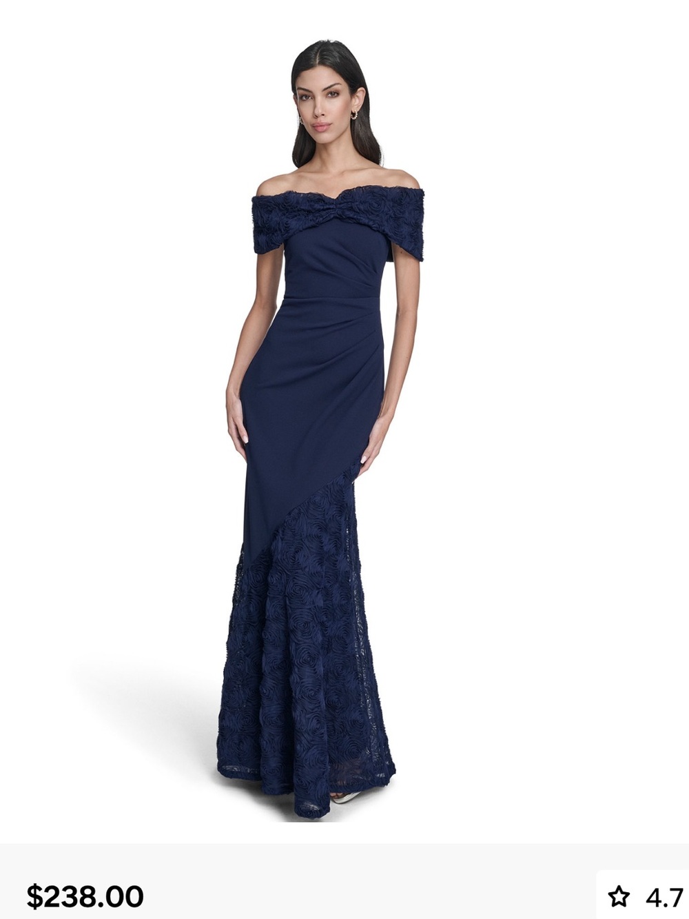 Eliza J NavyOff theShoulder Lace-Trim Evening Gown